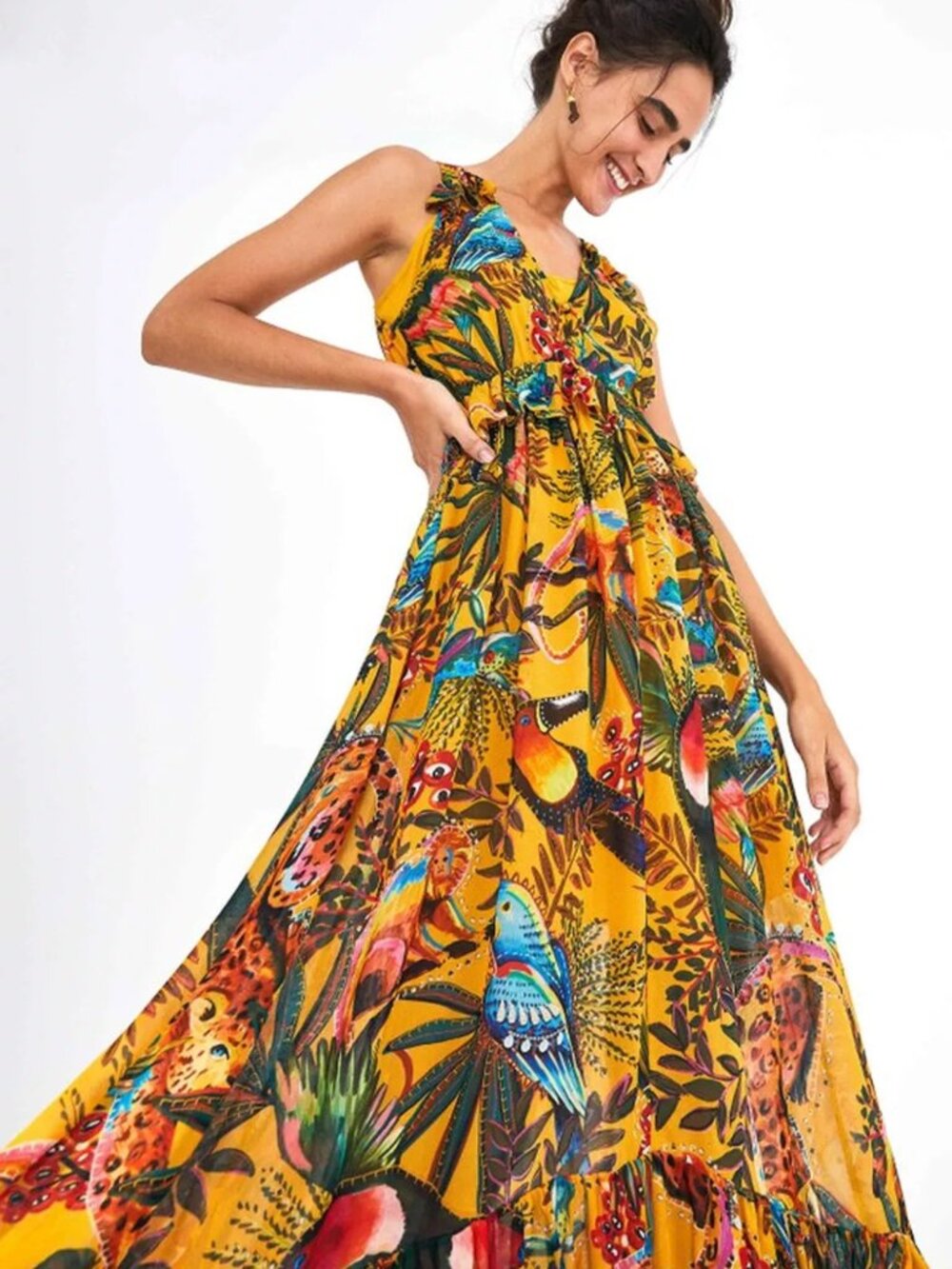 Yellow Tropical Maxi Dress with Multicolor Bird Print